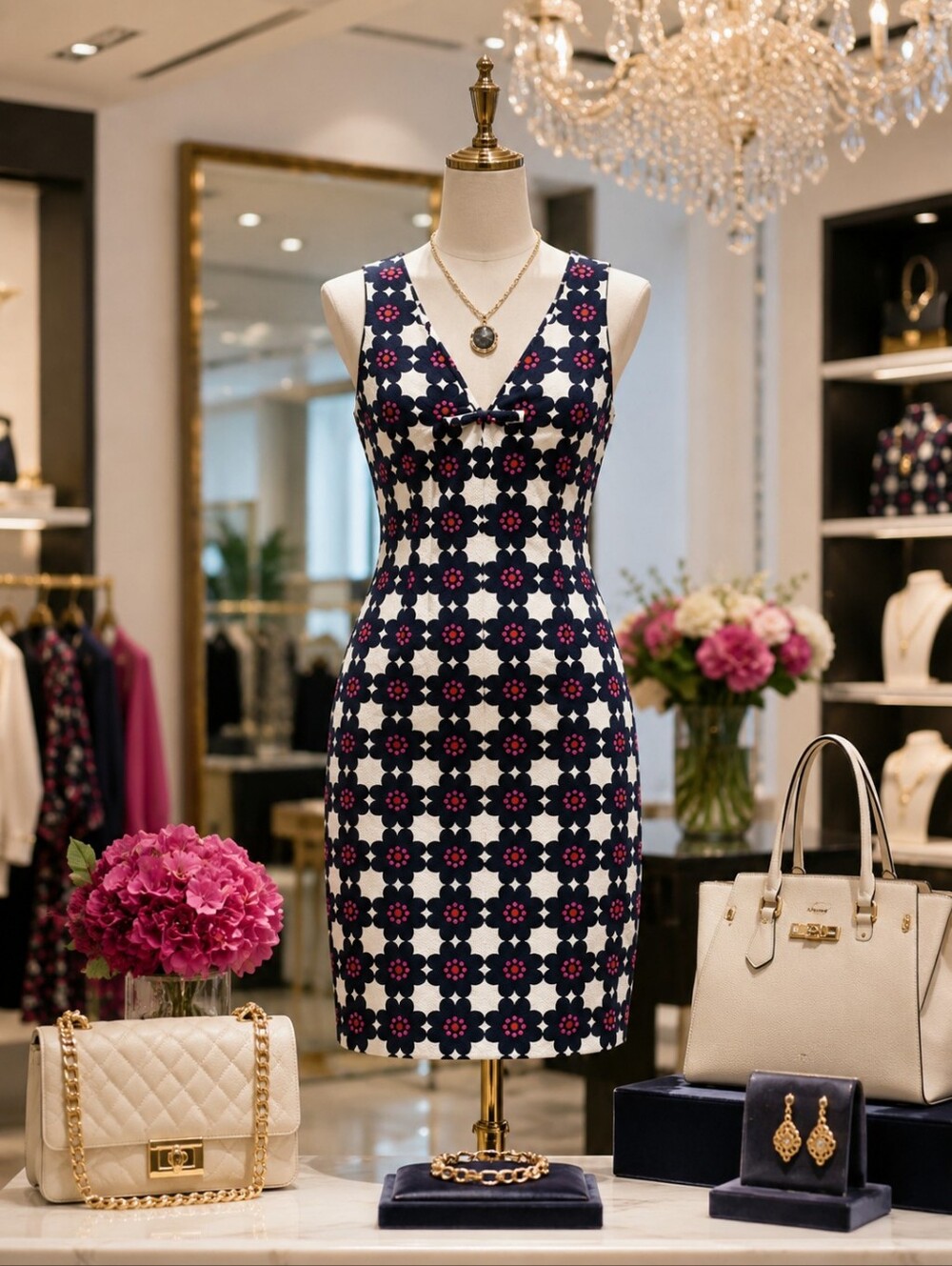 TRINA TURK Navy and Hot Pink Floral Dress